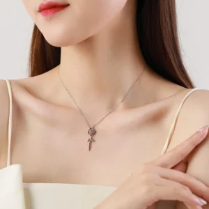 Rose Flower Pendant Zircon Necklace Sterling Silver