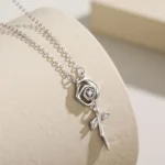 Rose Flower Pendant Zircon Necklace Sterling Silver