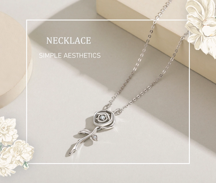 Rose Flower Pendant Zircon Necklace Sterling Silver