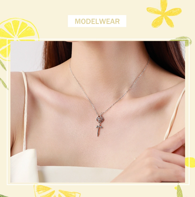 Rose Flower Pendant Zircon Necklace Sterling Silver