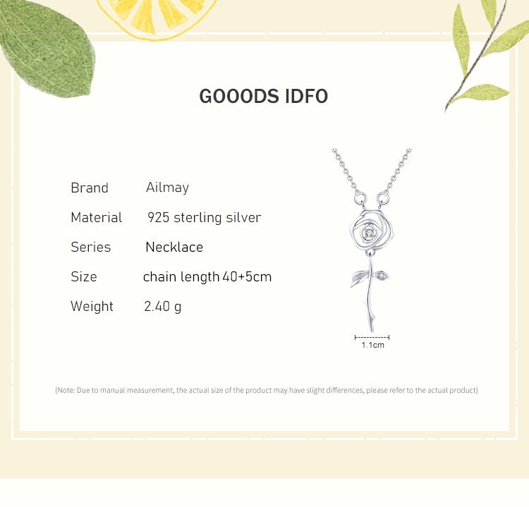Rose Flower Pendant Zircon Necklace Sterling Silver
