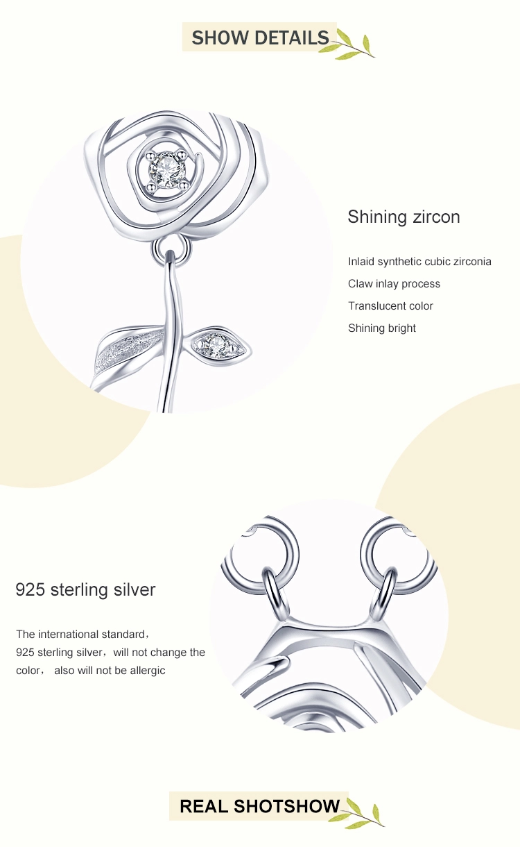 Rose Flower Pendant Zircon Necklace Sterling Silver