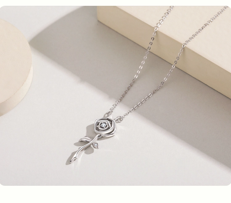 Rose Flower Pendant Zircon Necklace Sterling Silver