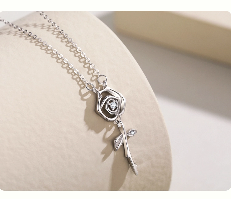 Rose Flower Pendant Zircon Necklace Sterling Silver
