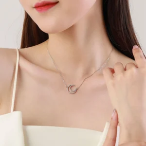 Hollow Moon Pendant Zircon Necklace Sterling Silver
