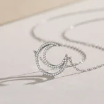 Hollow Moon Pendant Zircon Necklace Sterling Silver