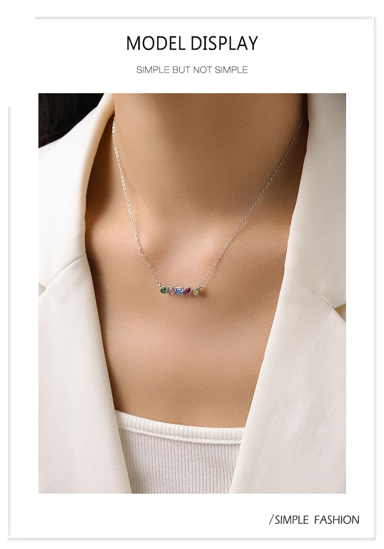 Rainbow CZ Geometric Design Necklace Sterling Silver