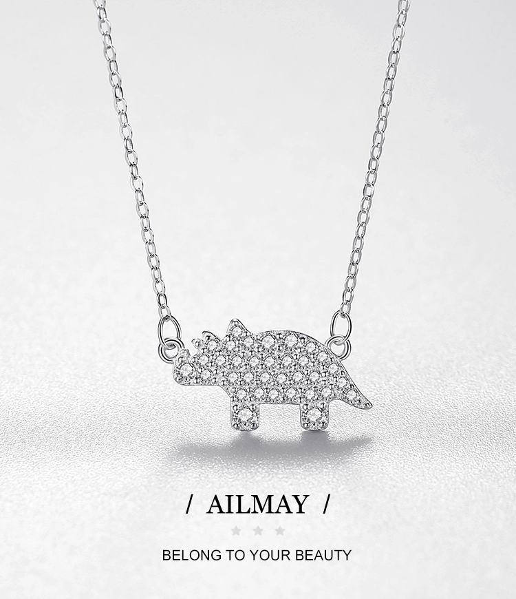 Lovely Rhinoceros Cartoon Animal Zircon Necklace Sterling Silver