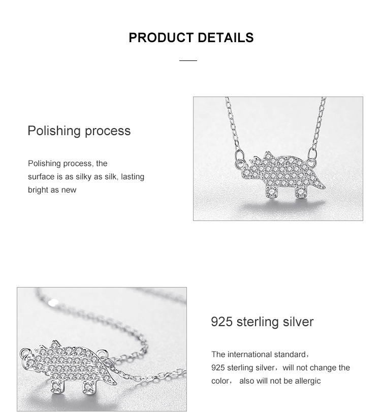 Lovely Rhinoceros Cartoon Animal Zircon Necklace Sterling Silver