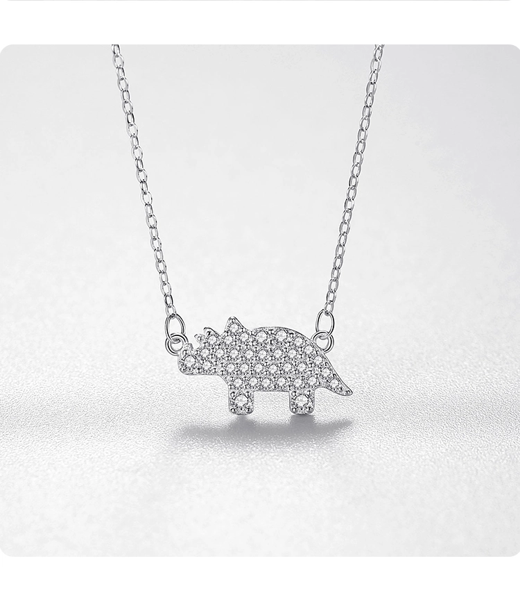 Lovely Rhinoceros Cartoon Animal Zircon Necklace Sterling Silver