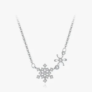 CZ Snowflake Flower Pendant Necklace Sterling Silver