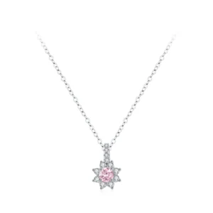 Pink Flower Pendant Necklace Pave Setting Sterling Silver