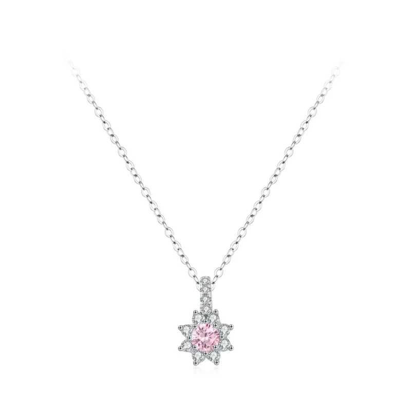 Pink Flower Pendant Necklace Pave Setting Sterling Silver
