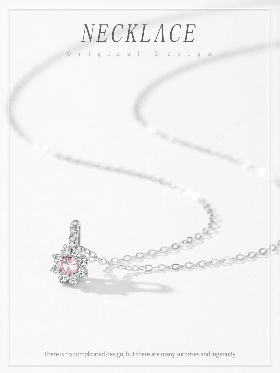 Pink Flower Pendant Necklace Pave Setting Sterling Silver