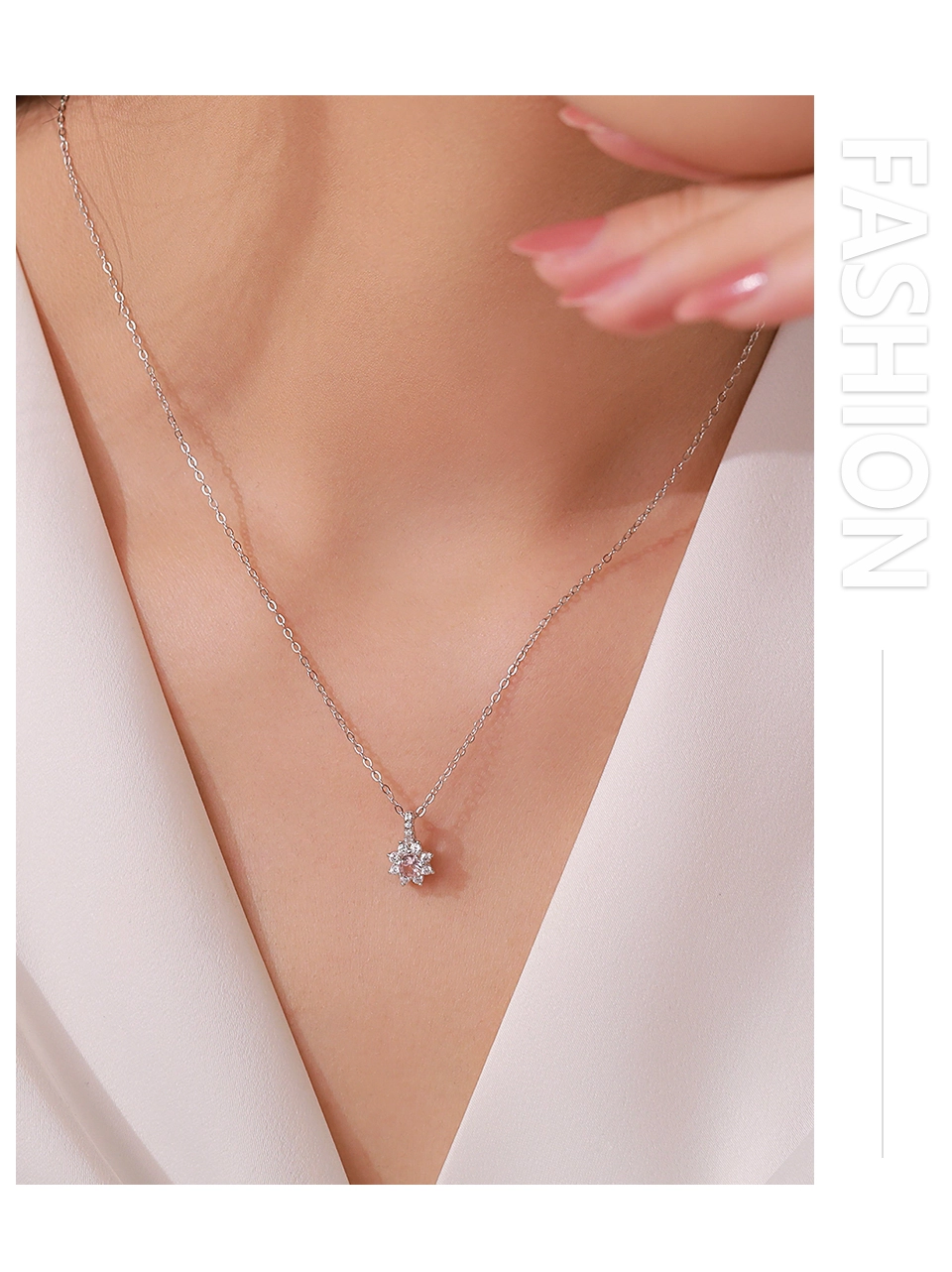 Pink Flower Pendant Necklace Pave Setting Sterling Silver