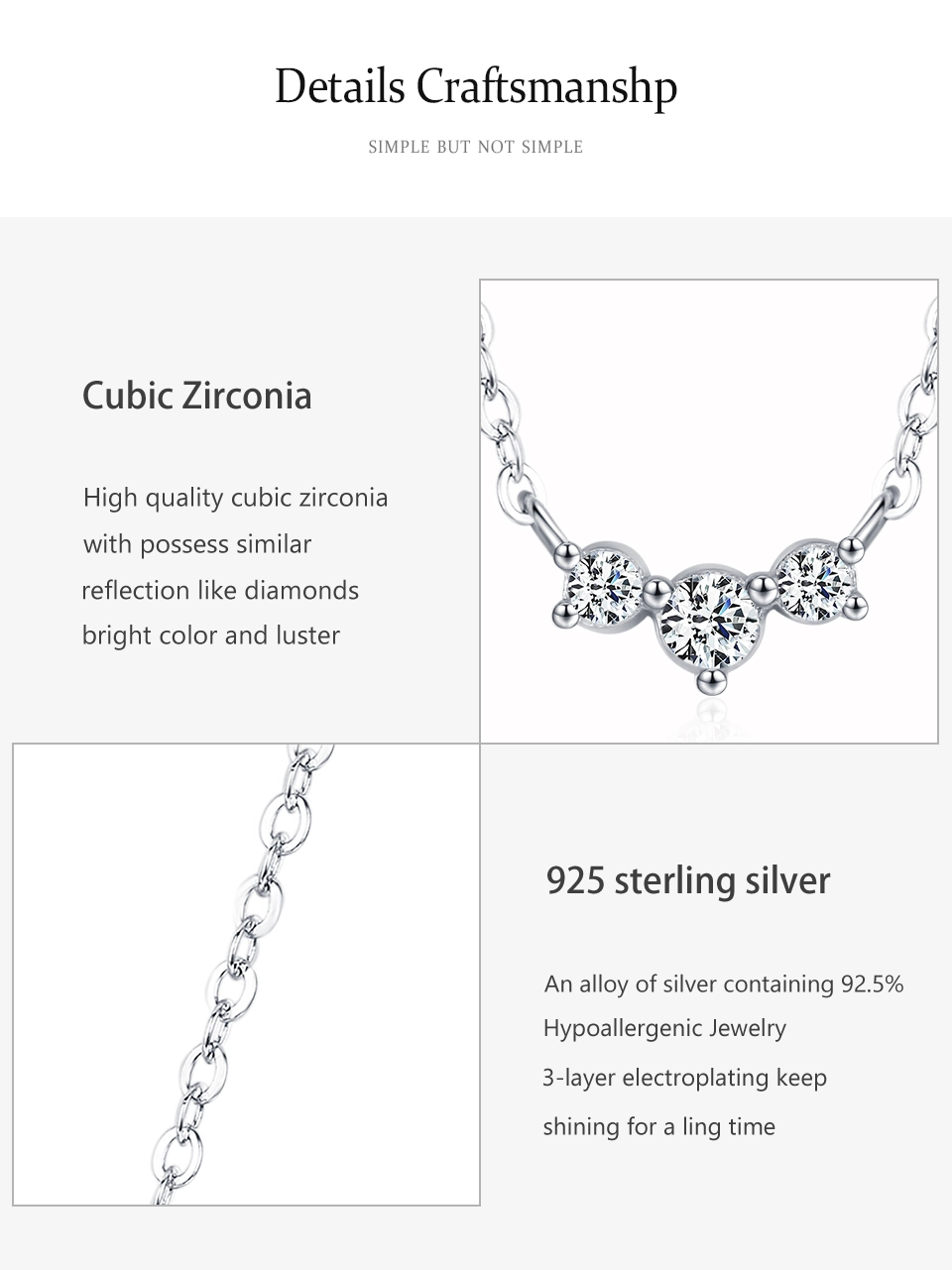 Three Zircon Pendant Necklace Sterling Silver