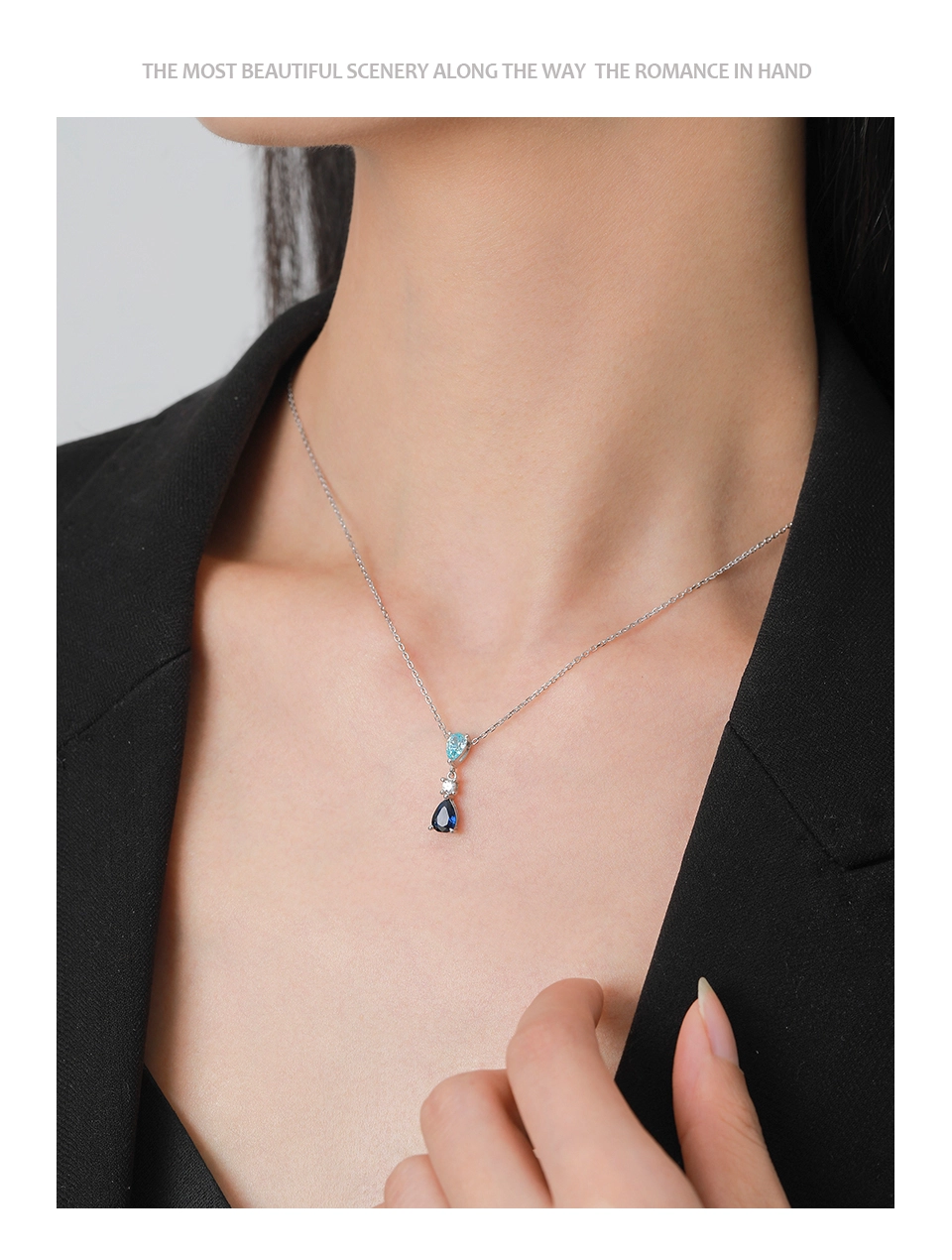 Blue Series Droplet Shaped Zircon Necklace Sterling Silver