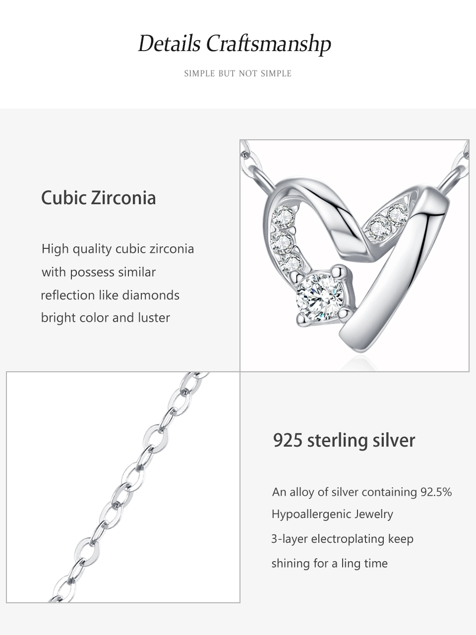 Heart Pendant Necklace Zircon Sterling Silver