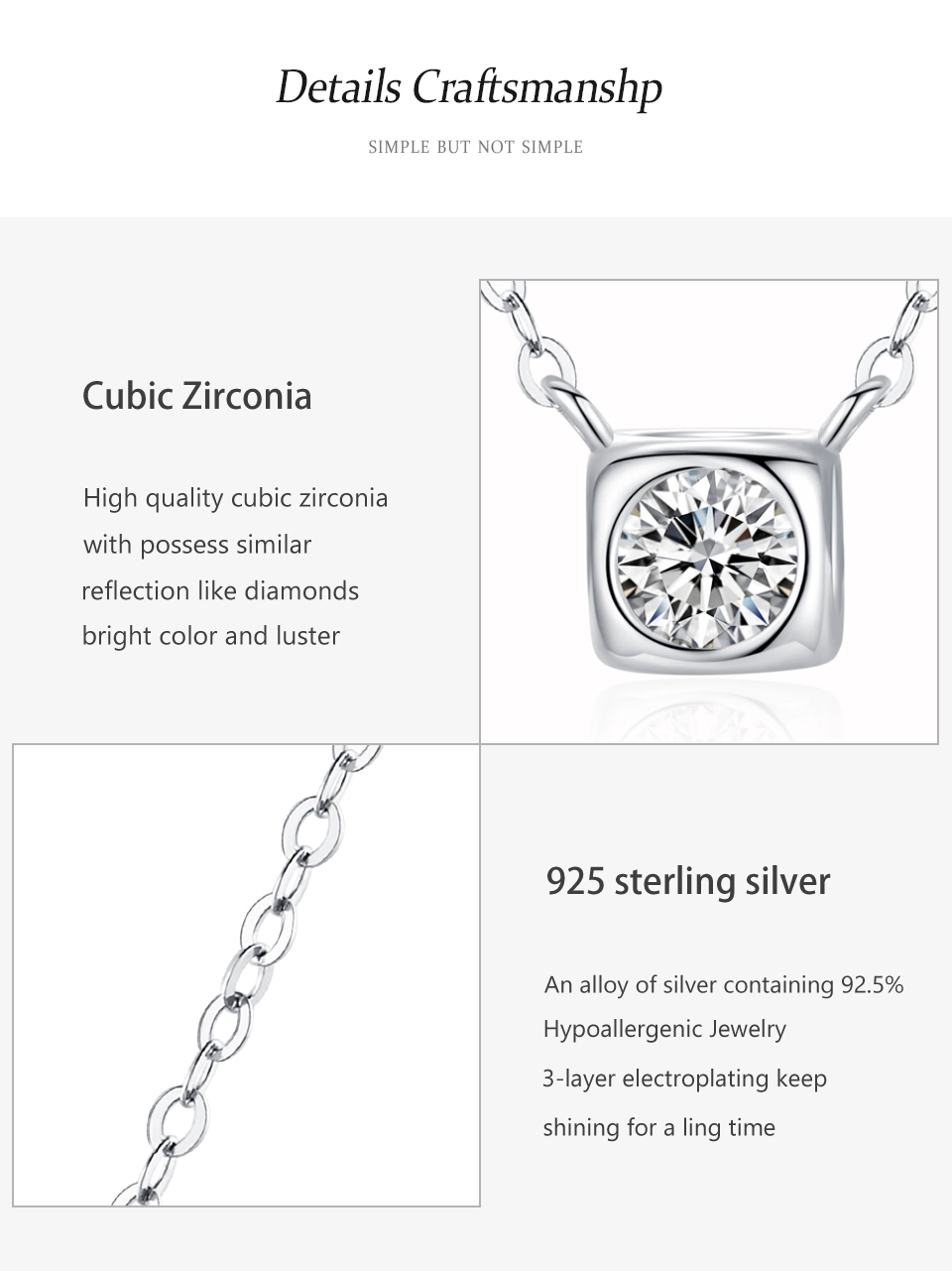 Zircon Small Square Pendant Necklace Sterling Silver