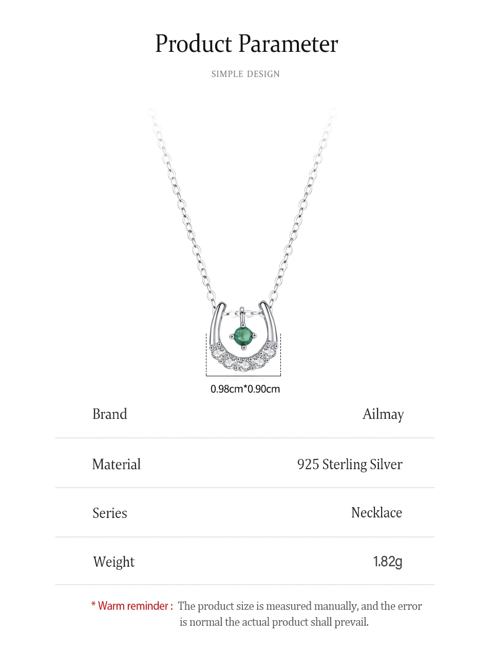 U-shaped Pendant Necklace Horseshoe Green Zircon Sterling Silver