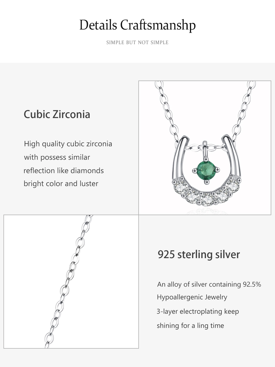 U-shaped Pendant Necklace Horseshoe Green Zircon Sterling Silver