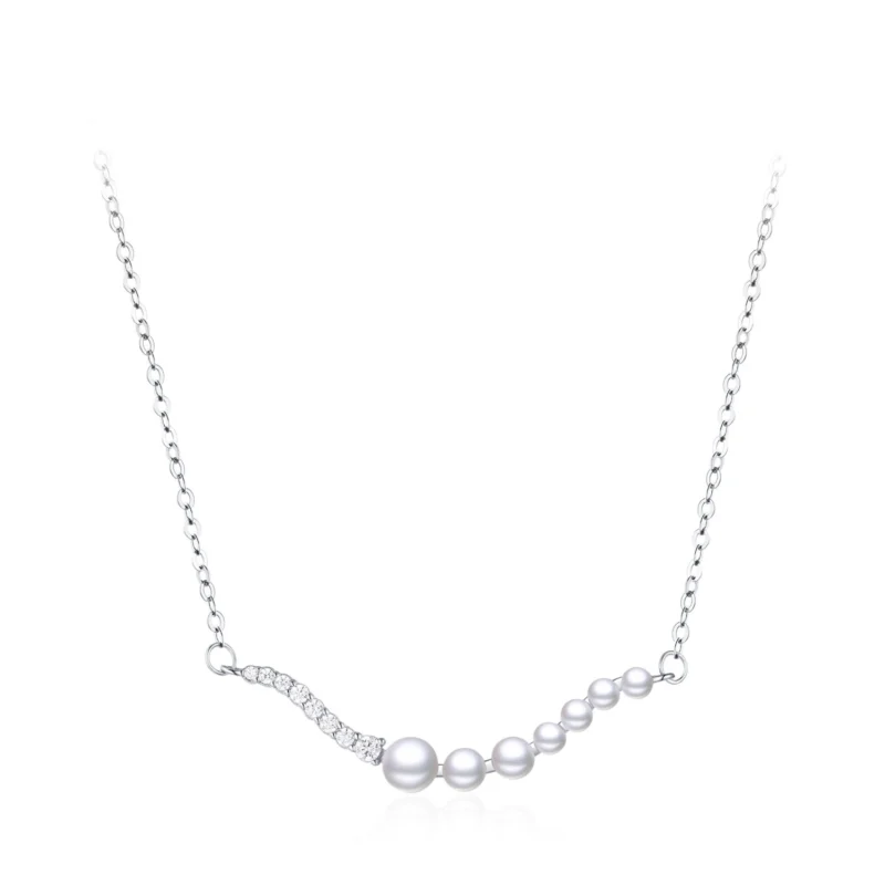 Wave Shape Pearl Pendant Necklace Sterling Silver