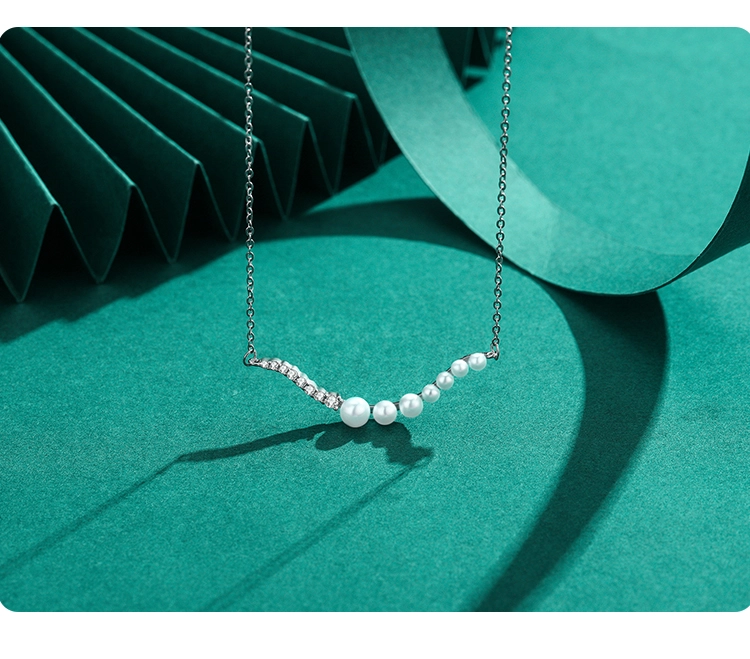 Wave Shape Pearl Pendant Necklace Sterling Silver
