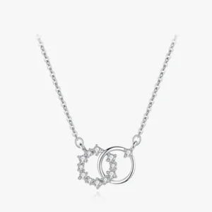 Double Circle Tiny Flower Round Pendant Necklace Sterling Silver