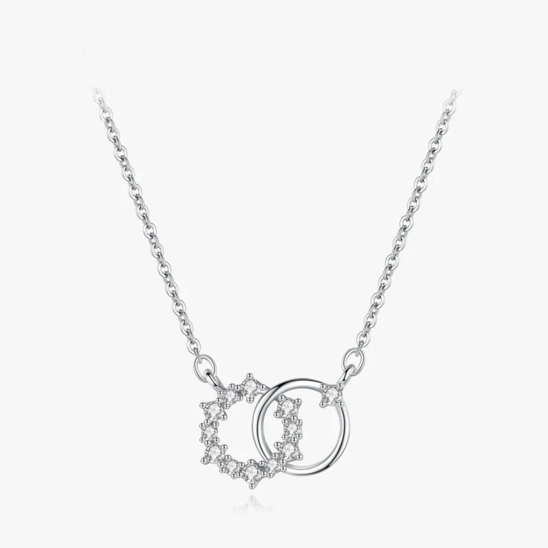 Double Circle Tiny Flower Round Pendant Necklace Sterling Silver