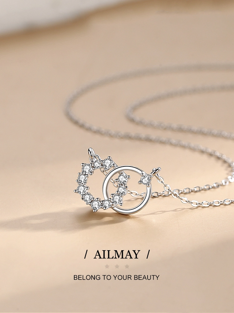 Double Circle Tiny Flower Round Pendant Necklace Sterling Silver