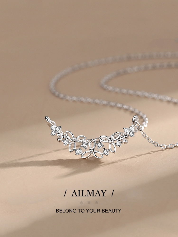 CZ With Flower Shape Pendant Necklace Sterling Silver