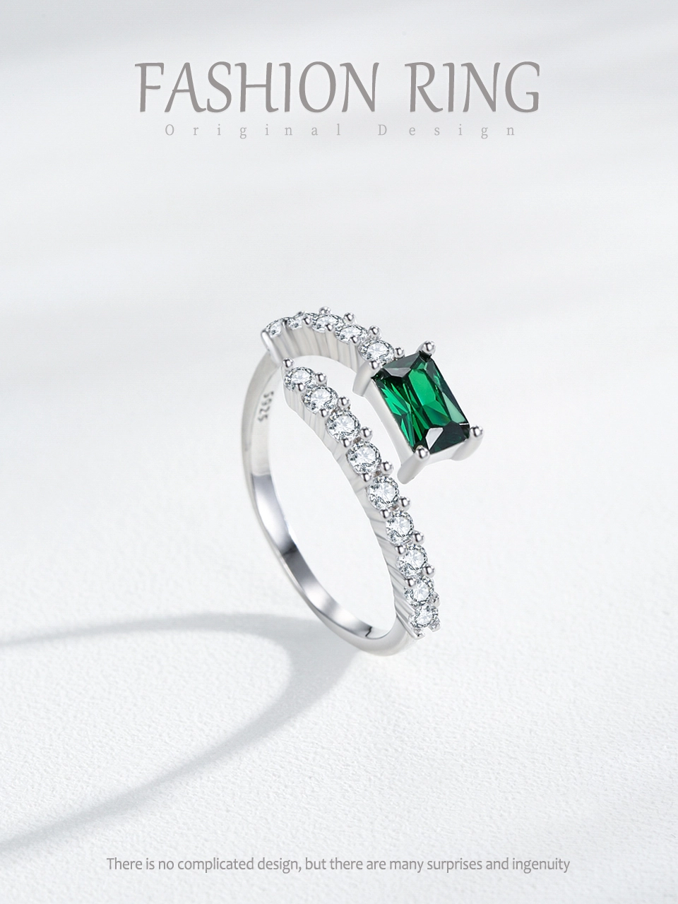 925 Sterling Silver Green Rectangular Zircon Open Adjustable Ring