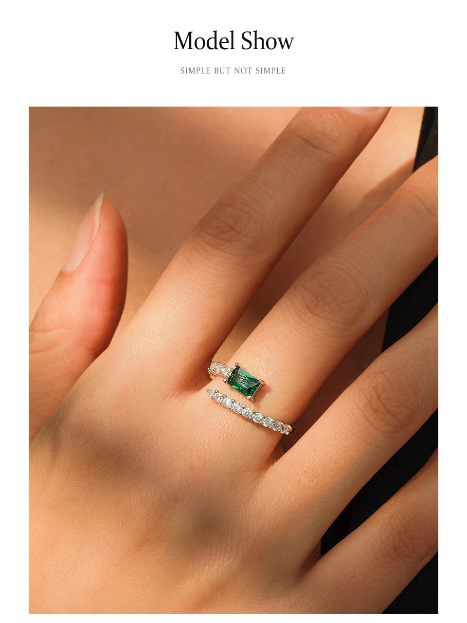 925 Sterling Silver Green Rectangular Zircon Open Adjustable Ring