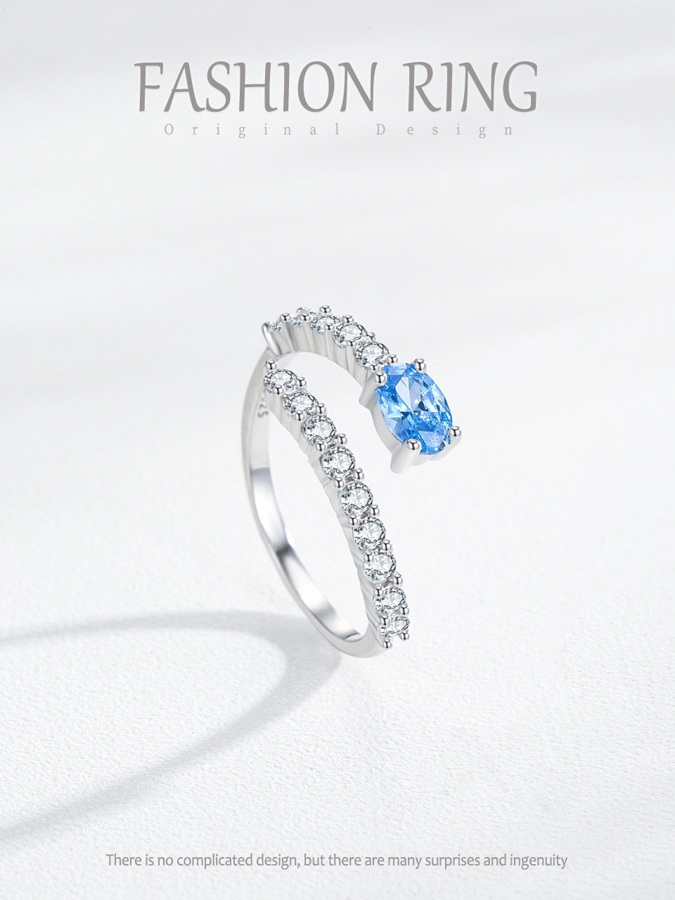 925 Sterling Silver Retro Blue Zircon Open Adjustable Finger Ring
