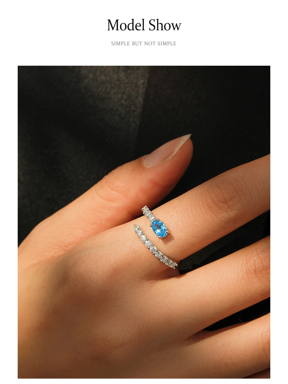 925 Sterling Silver Retro Blue Zircon Open Adjustable Finger Ring
