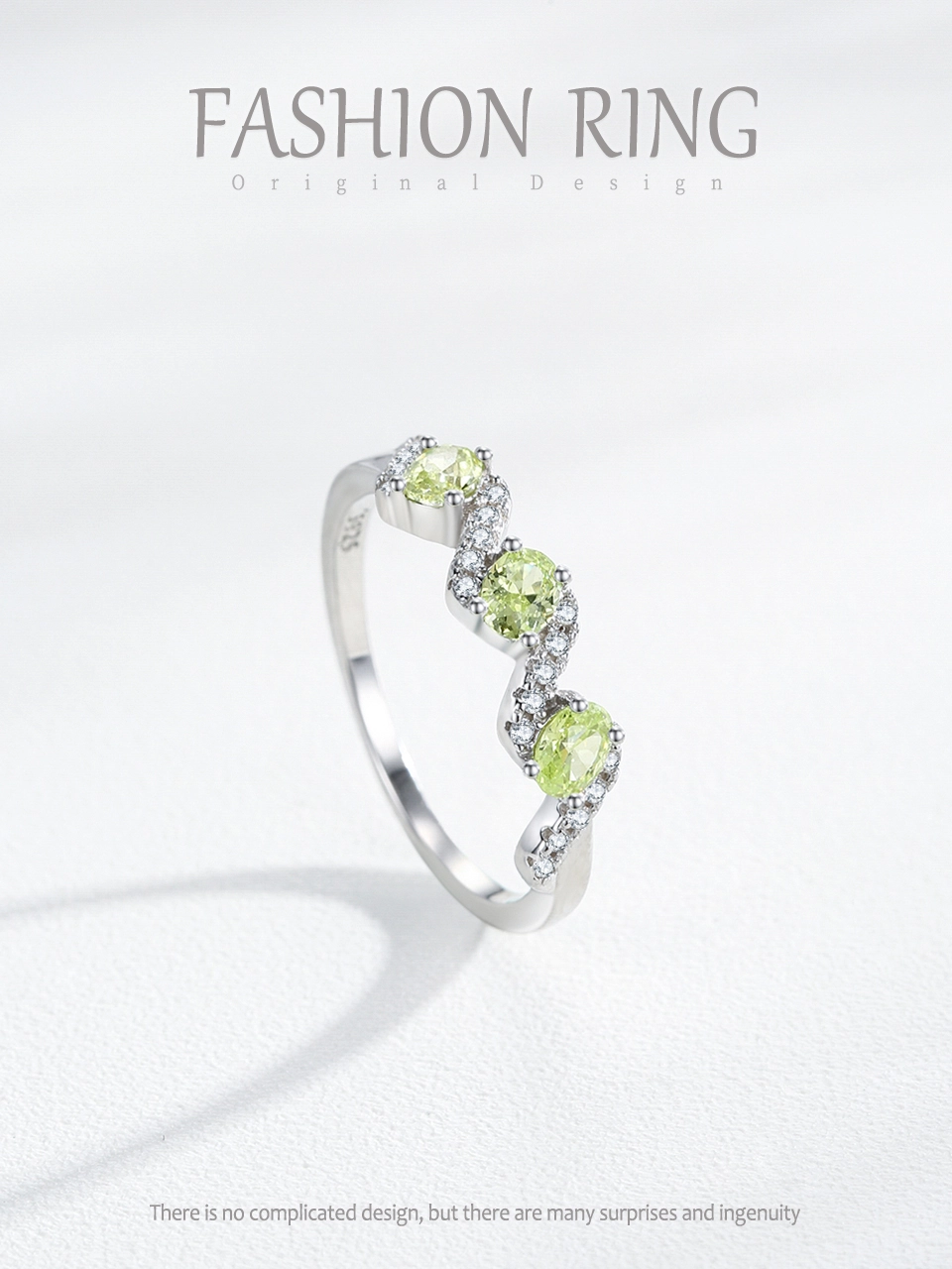 925 Sterling Silver Interwoven Lines Fresh-Green Zircon Ring