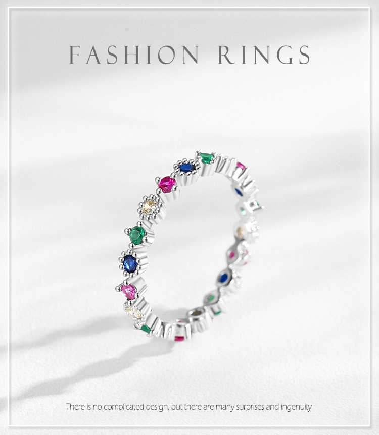 Pure 925 Sterling Silver Fashion Bright Multicolor Zirconia Stackable Rings