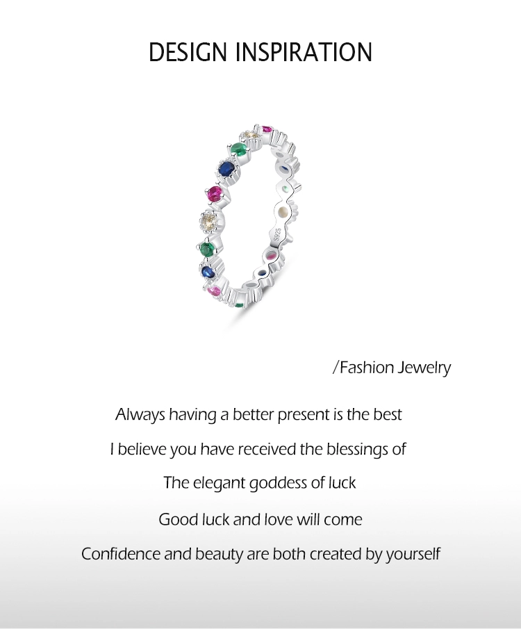 Pure 925 Sterling Silver Fashion Bright Multicolor Zirconia Stackable Rings