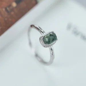 Natural Water Grass Green Moss Ring Silver Opening