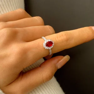 Oval Ruby Engagement Ring Red Zircon Women 925 Pure Silver