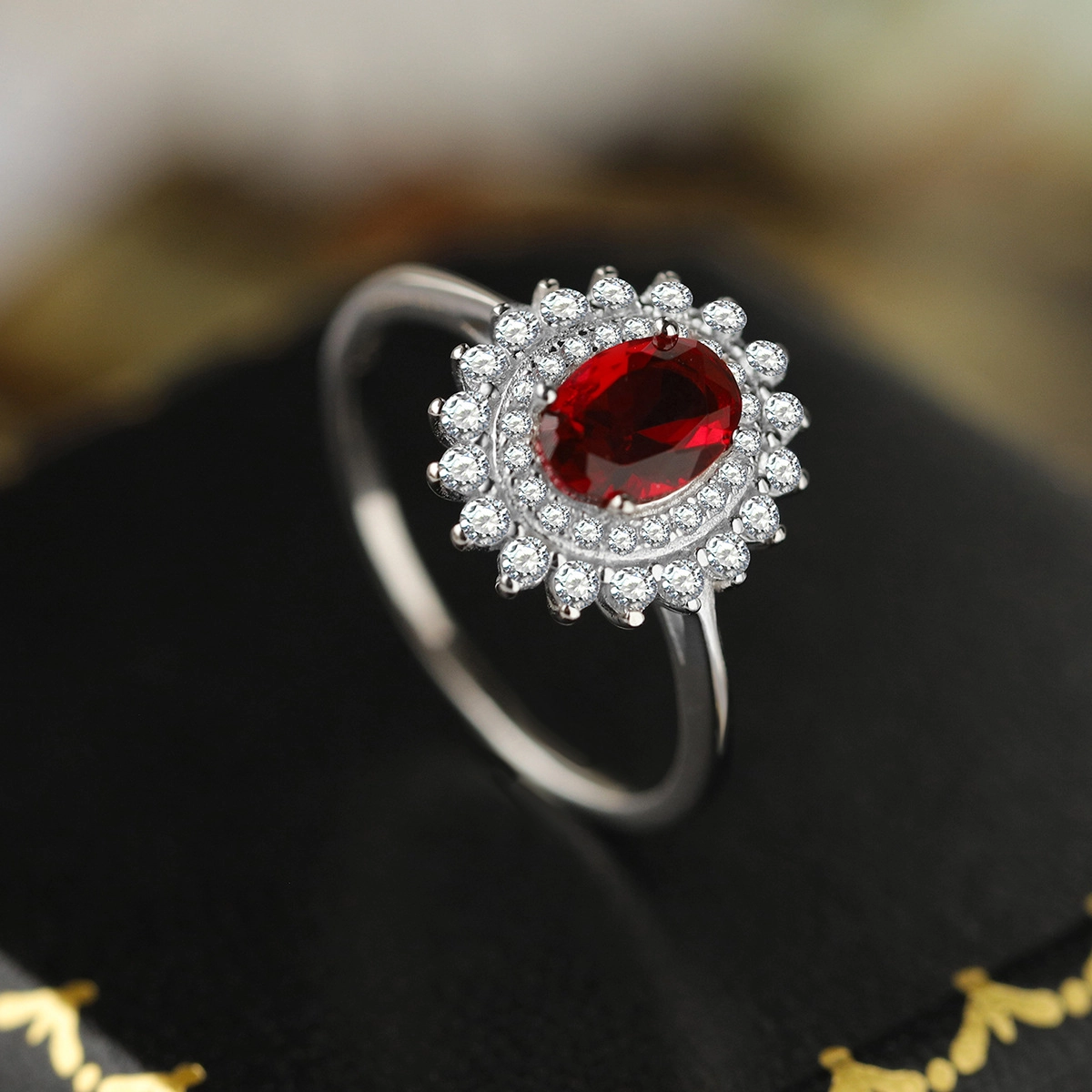 Oval Ruby Engagement Ring Red Zircon Women 925 Pure Silver