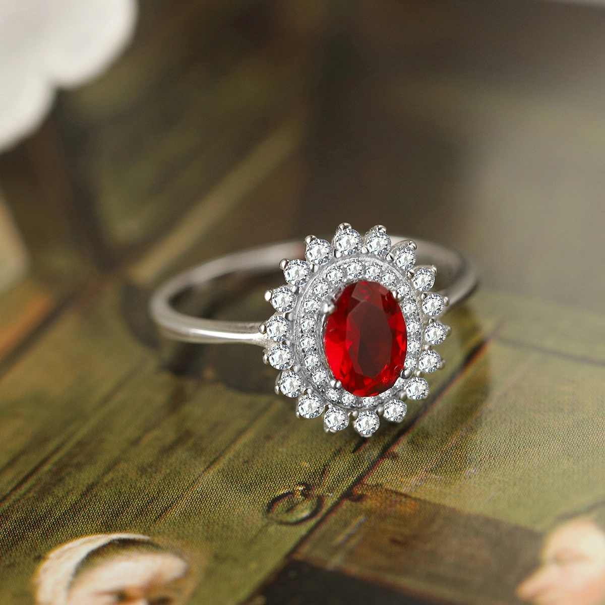 Oval Ruby Engagement Ring Red Zircon Women 925 Pure Silver