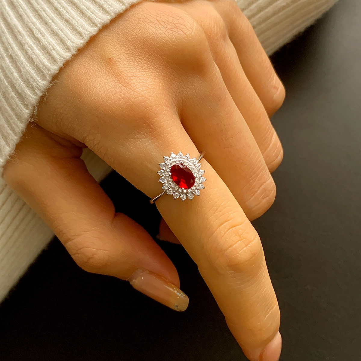 Oval Ruby Engagement Ring Red Zircon Women 925 Pure Silver