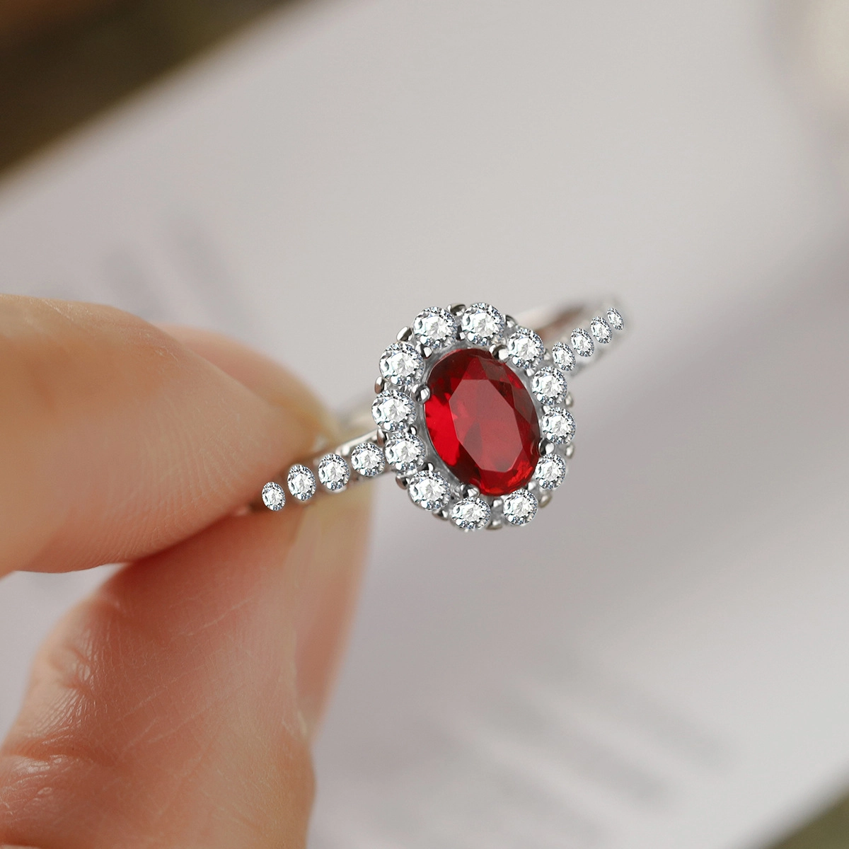 Oval Ruby Engagement Ring Red Zircon Women 925 Pure Silver