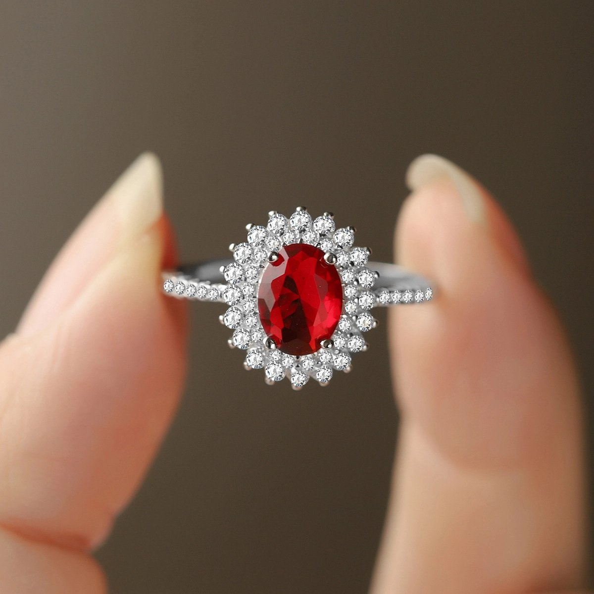 Oval Ruby Engagement Ring Red Zircon Women 925 Pure Silver