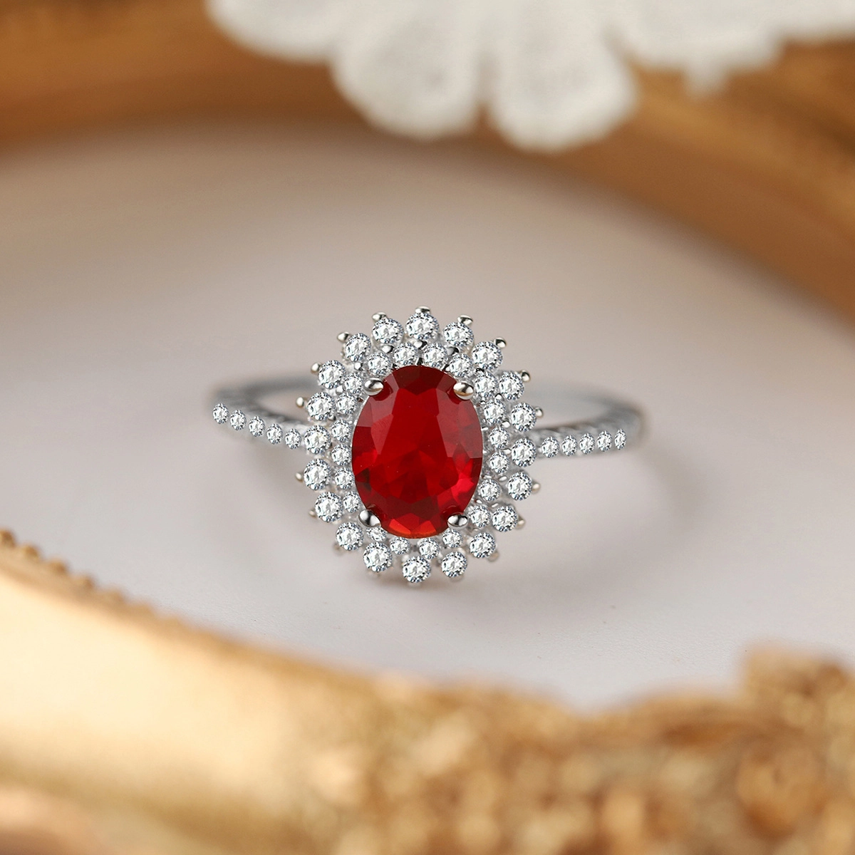 Oval Ruby Engagement Ring Red Zircon Women 925 Pure Silver
