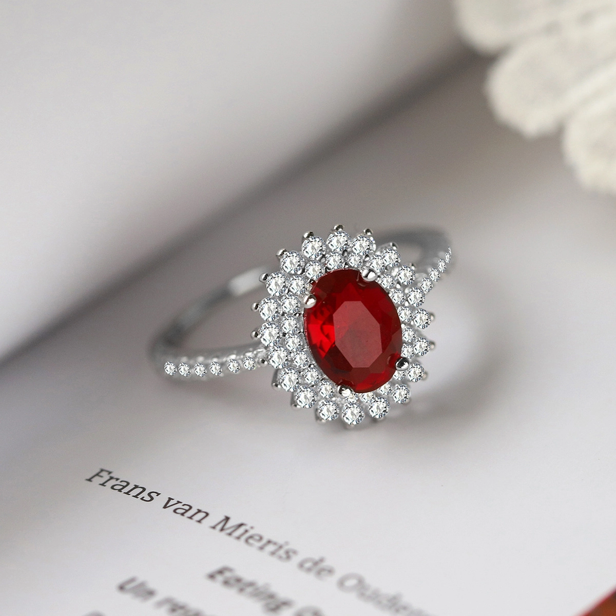 Oval Ruby Engagement Ring Red Zircon Women 925 Pure Silver