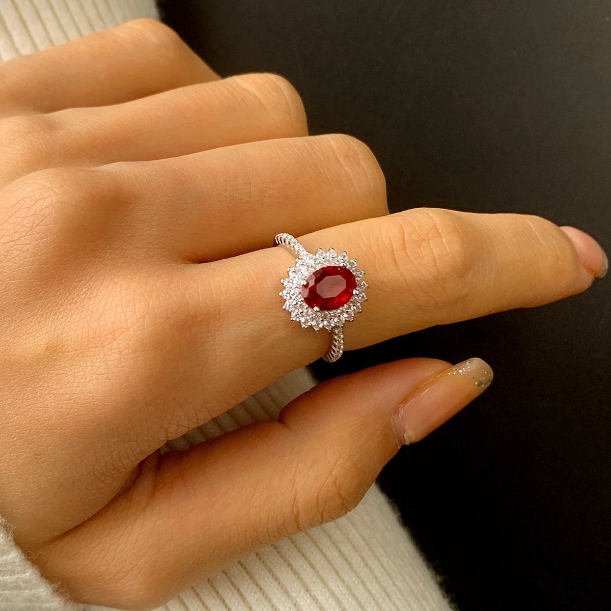 Oval Ruby Engagement Ring Red Zircon Women 925 Pure Silver