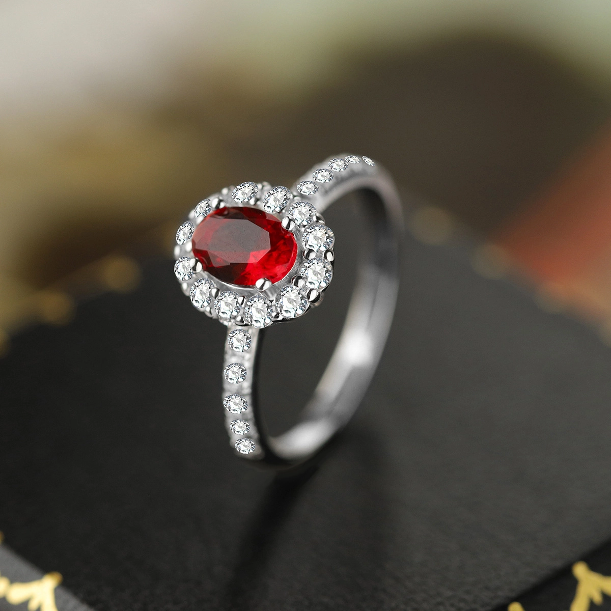 Oval Ruby Engagement Ring Red Zircon Women 925 Pure Silver