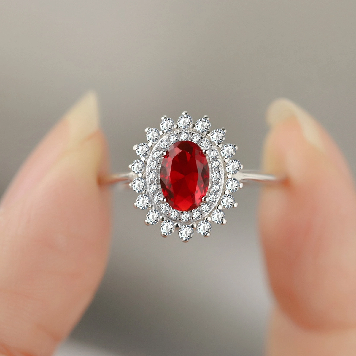 Oval Ruby Engagement Ring Red Zircon Women 925 Pure Silver